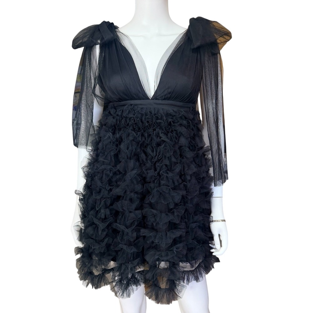 Coquette Goth Chic Tulle Ruffle Mini Dress Balletcore Sheer Mesh Bow Party XS